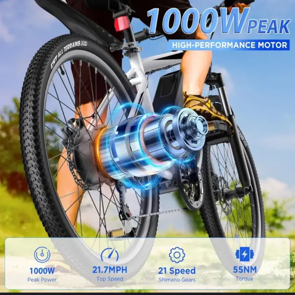 Electric Bike for Adults – 26'' 1000W Peak Ebike with 48V Removable Battery, 50-Mile Range & 21.7MPH Speed - Image 2